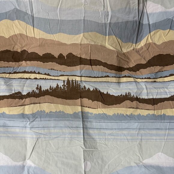 Vintage Full Size Fitted Sheet Lake Mountain Brown Blue 1970s Burlington USA - Picture 2 of 5